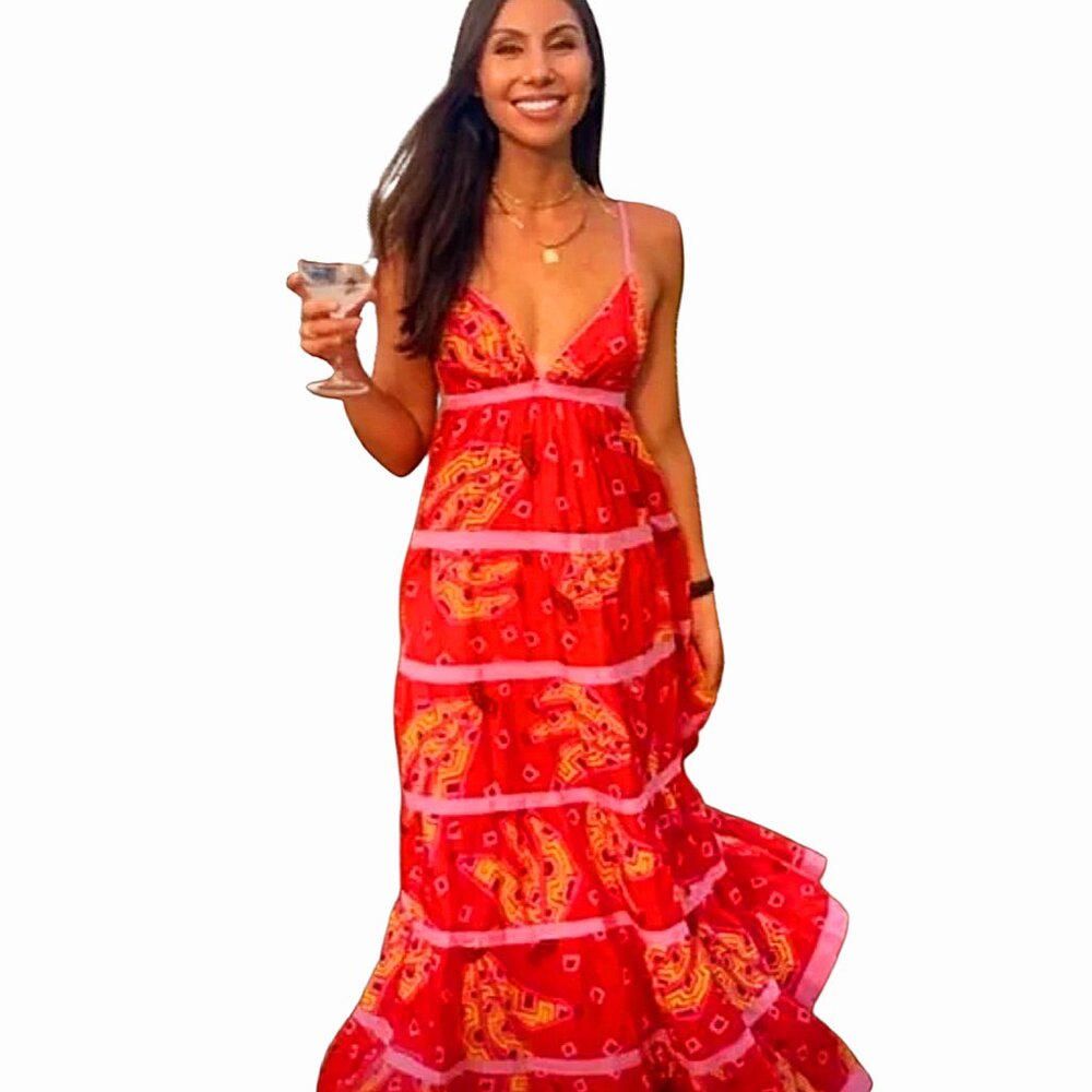 Farm Rio Tiki Bananas Coral Red Tiered Maxi Sundress Tropical/Resort/Summer - L - Picture 3 of 16